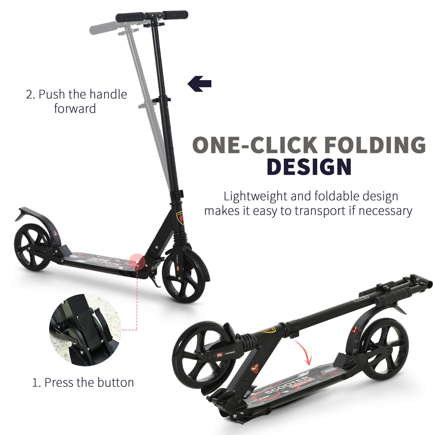 Folding Kick Scooter with Big Wheels for 14+ Teens Adult, Black