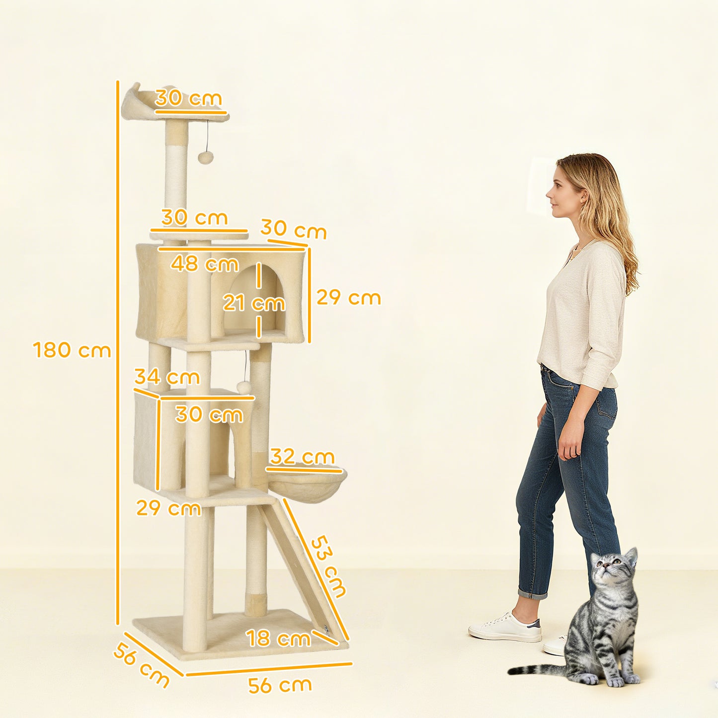 180cm Cat Tree Tower with Sisal Scratching Posts, Condos, Beige