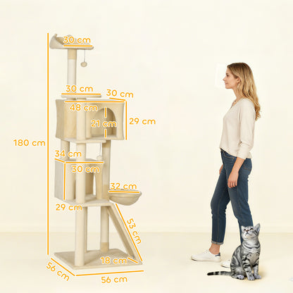 180cm Cat Tree Tower with Sisal Scratching Posts, Condos, Beige