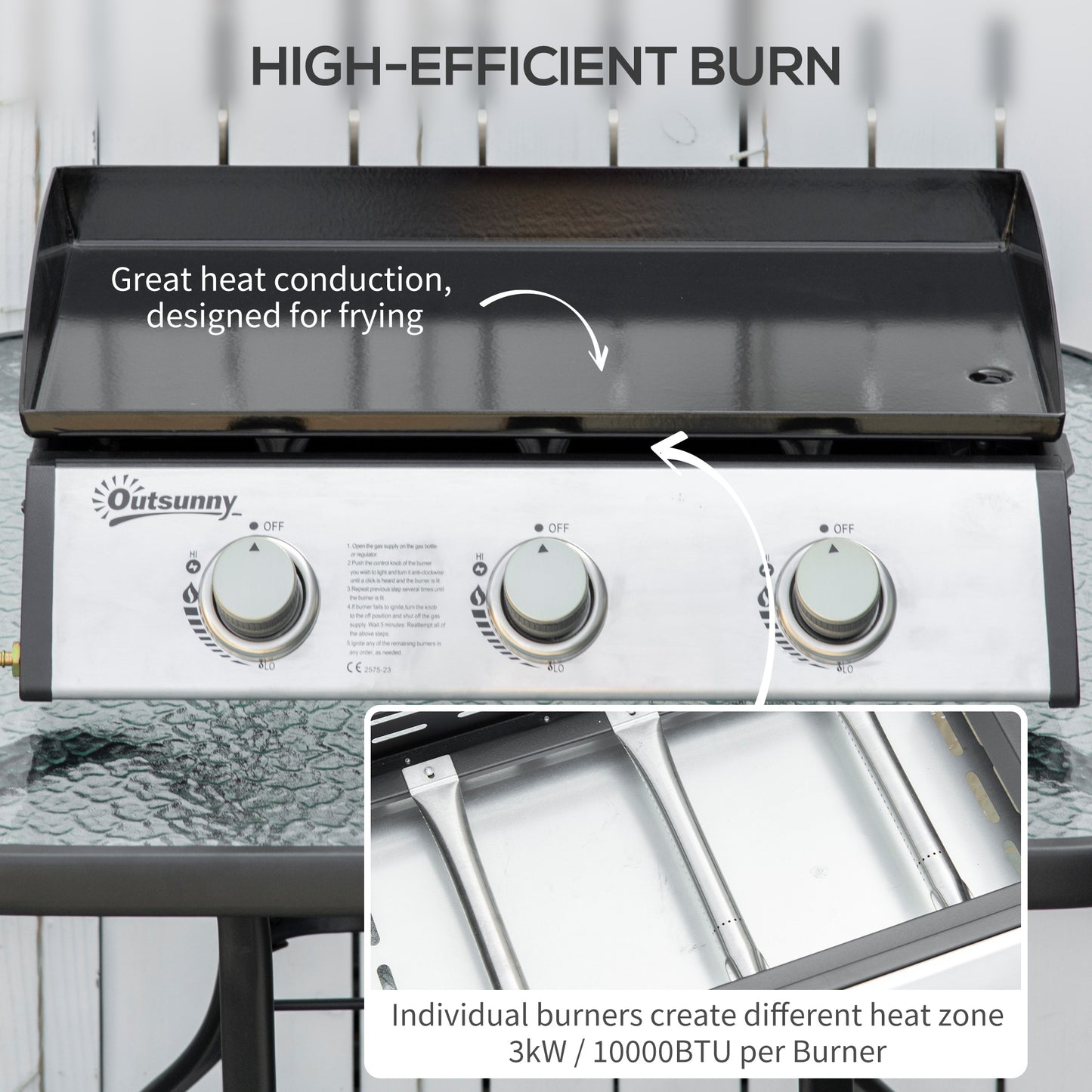Gas Plancha Grill with 3 Stainless Steel Burner, 9kW, Portable Tabletop Gas BBQ w/Non-Stick Griddle for Camping Picnic Garden Party Festival