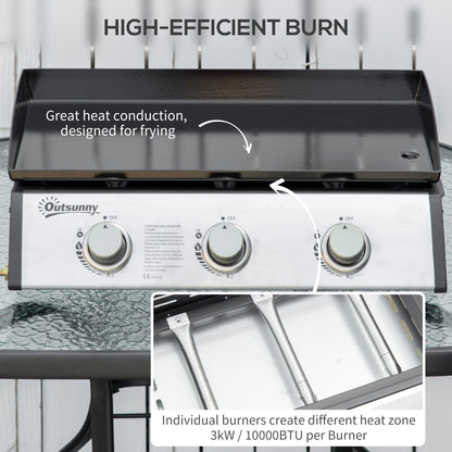 Gas Plancha Grill with 3 Stainless Steel Burner, 9kW, Portable Tabletop Gas BBQ w/Non-Stick Griddle for Camping Picnic Garden Party Festival