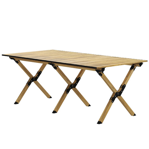 Portable Camping Table, Aluminium Folding Table with Roll-Up Top, Picnic Table for Indoor, Outdoor, Party, BBQ, Beach, Natural Wood Effect