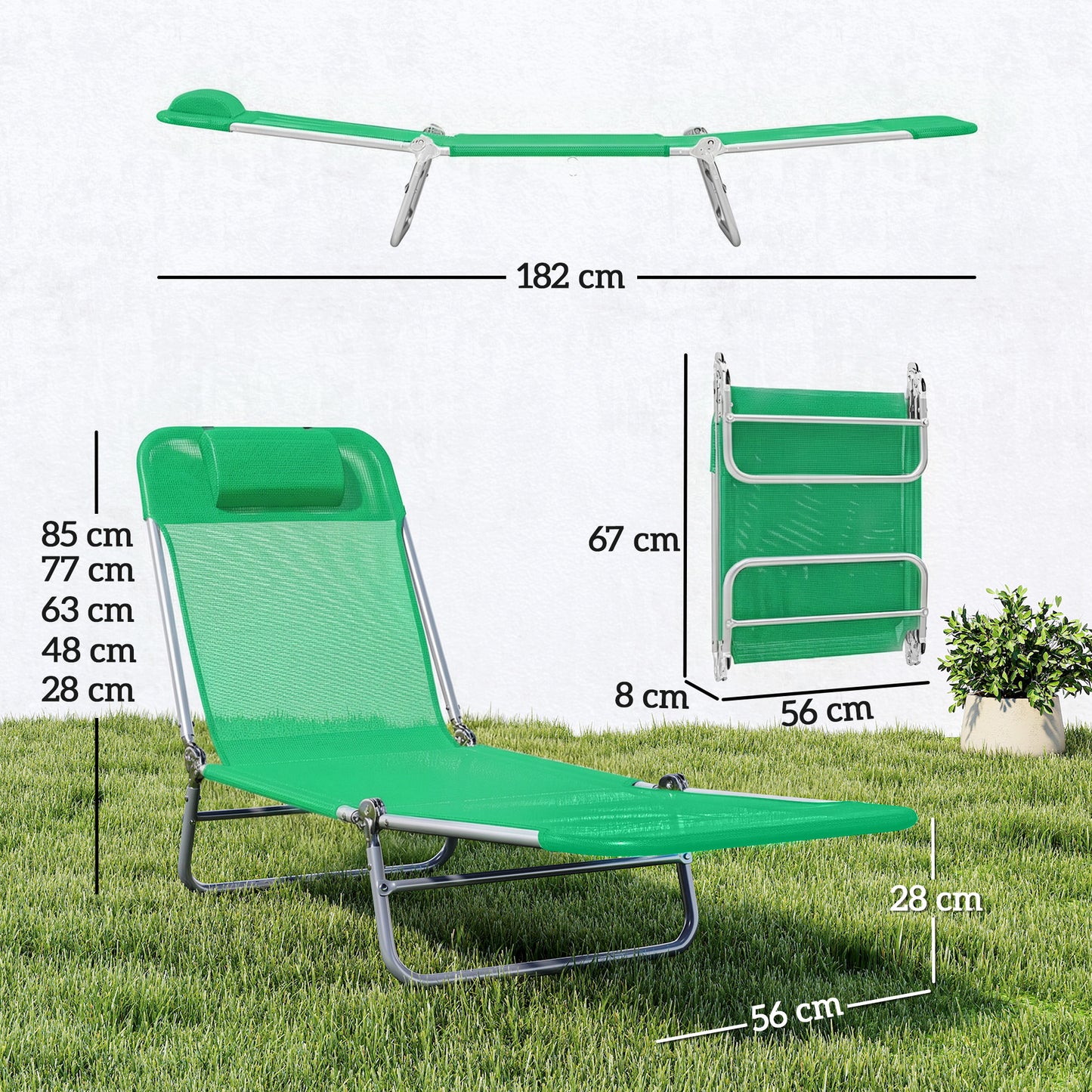 2 Pieces Sun Loungers Foldable Reclining Chair, Dark Green