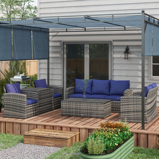 6 Pieces Rattan Garden Furniture Set, 7 Seater Wicker Outdoor Furniture Set with Storage Tea Table & Side Table, Sectional Garden Sofa Set with Cushions Navy Blue