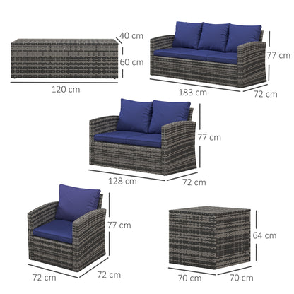 6 Pieces Rattan Garden Furniture Set, 7 Seater Wicker Outdoor Furniture Set with Storage Tea Table & Side Table, Sectional Garden Sofa Set with Cushions Navy Blue