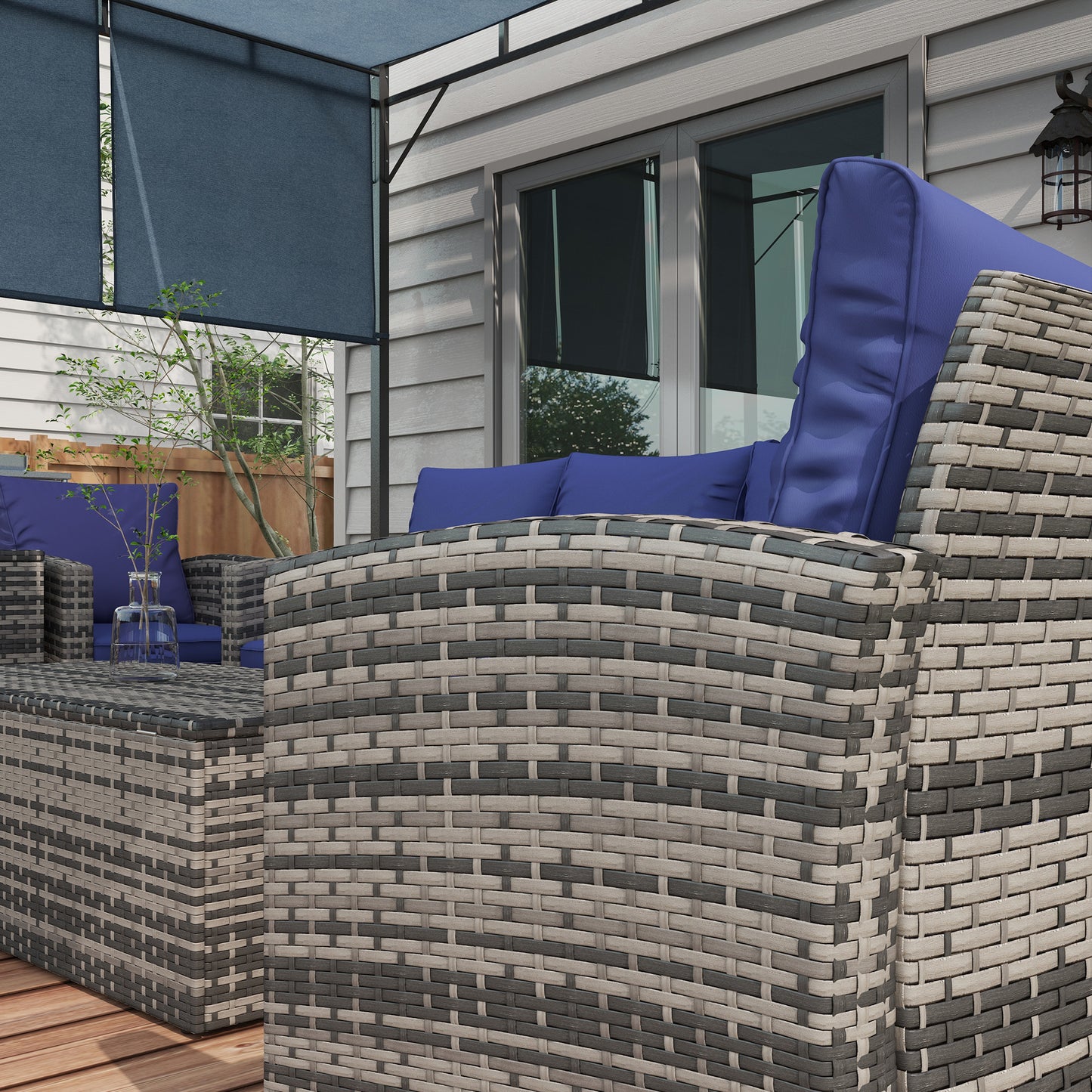 6 Pieces Rattan Garden Furniture Set, 7 Seater Wicker Outdoor Furniture Set with Storage Tea Table & Side Table, Sectional Garden Sofa Set with Cushions Navy Blue