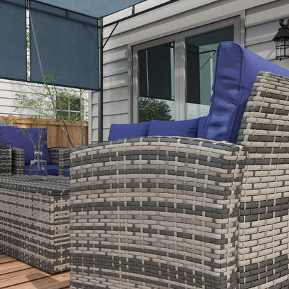 6 Pieces Rattan Garden Furniture Set, 7 Seater Wicker Outdoor Furniture Set with Storage Tea Table & Side Table, Sectional Garden Sofa Set with Cushions Navy Blue