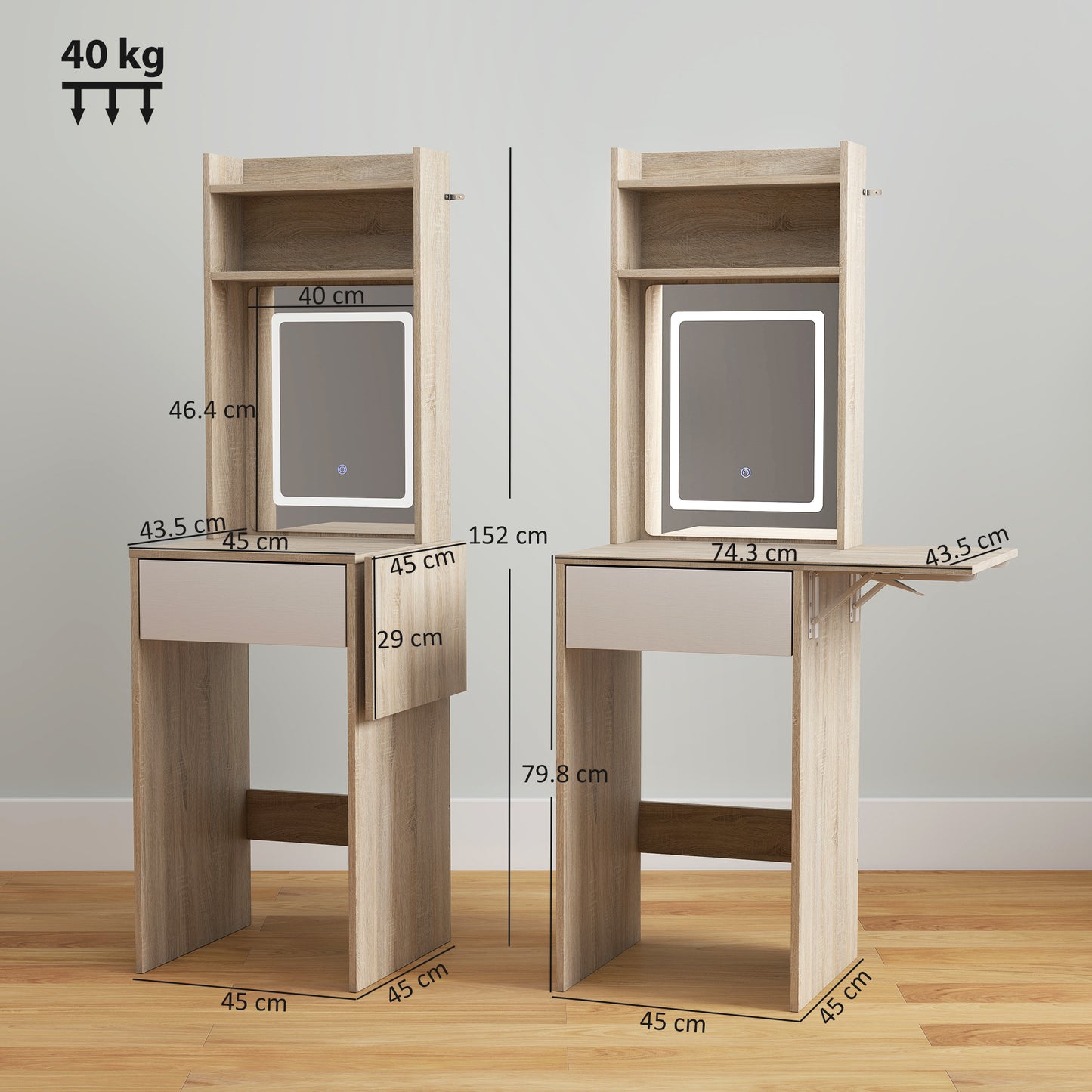 Compact Dressing Table with Lighted Mirror Open Shelves Natural Wood