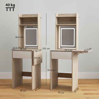 Compact Dressing Table with Lighted Mirror Open Shelves Natural Wood