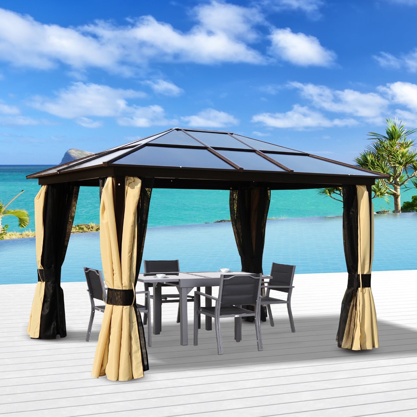 Outsunny 3 x 3.6m Polycarbonate Hard Top Gazebo with LED Solar Light and Aluminium Frame, Garden Pavilion with Mosquito Netting and Curtains