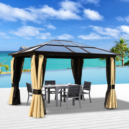 Outsunny 3 x 3.6m Polycarbonate Hard Top Gazebo with LED Solar Light and Aluminium Frame, Garden Pavilion with Mosquito Netting and Curtains