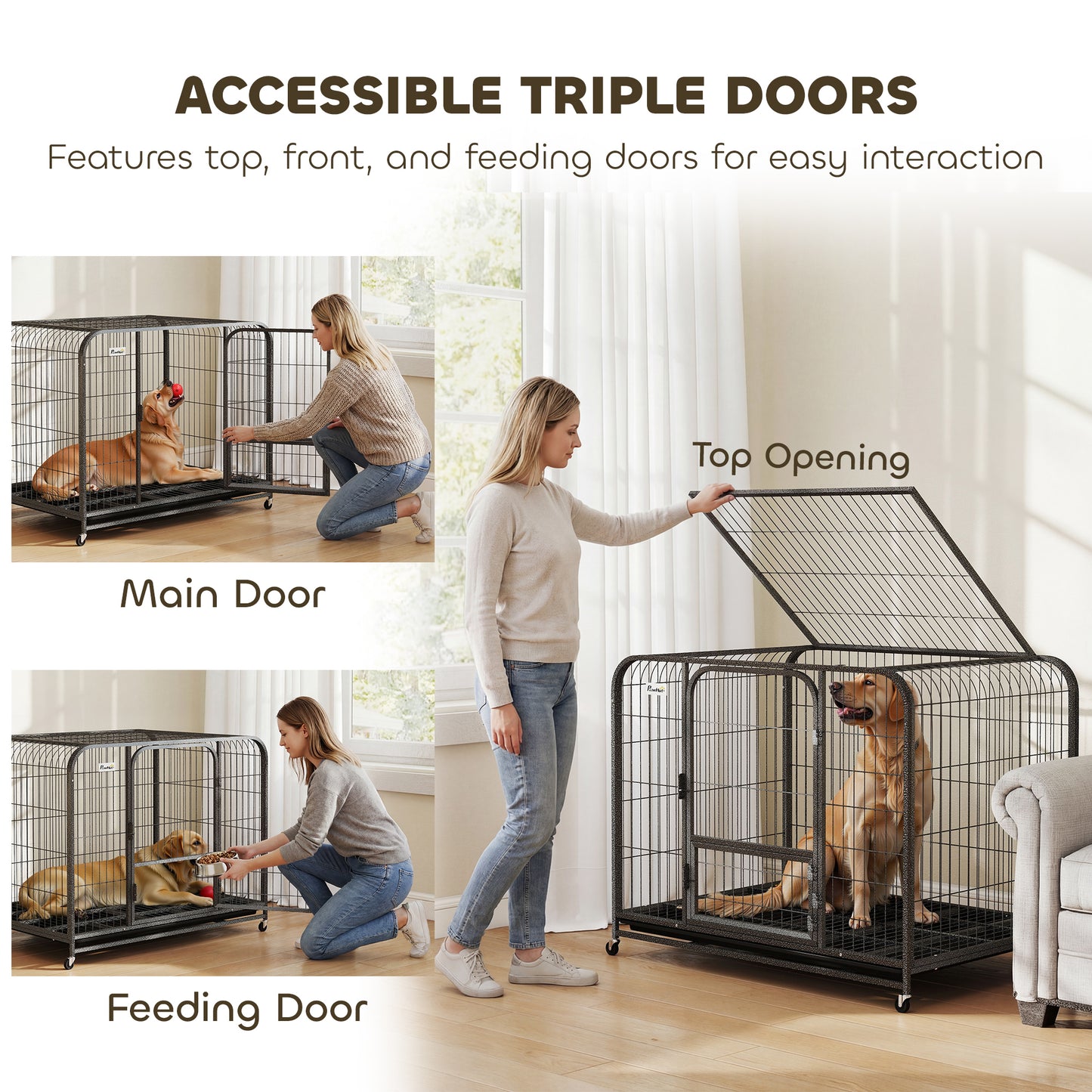 Heavy Duty Dog Crate, Large Dog Cage with Wheels and Tray