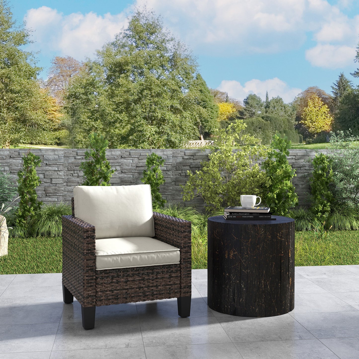 Single Rattan Chair, Garden Armchair with Cushions, Brown