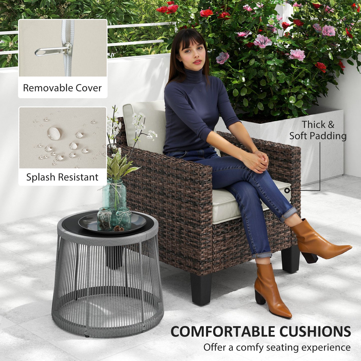Single Rattan Chair, Garden Armchair with Cushions, Brown