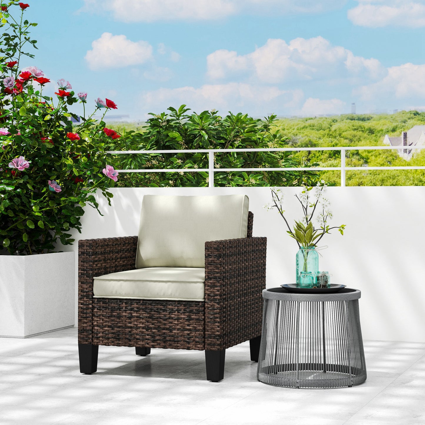 Single Rattan Chair, Garden Armchair with Cushions, Brown