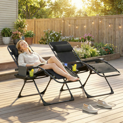 Zero Gravity Chairs Set of 2 with Cup Holder, Headrest, Black