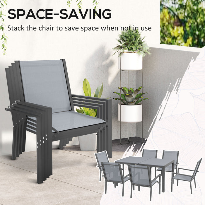 7 Pieces Garden Dining Set with Wood-plastic Composite Dining Table, and 6 Stackable Armchairs with Breathable Mesh Fabric