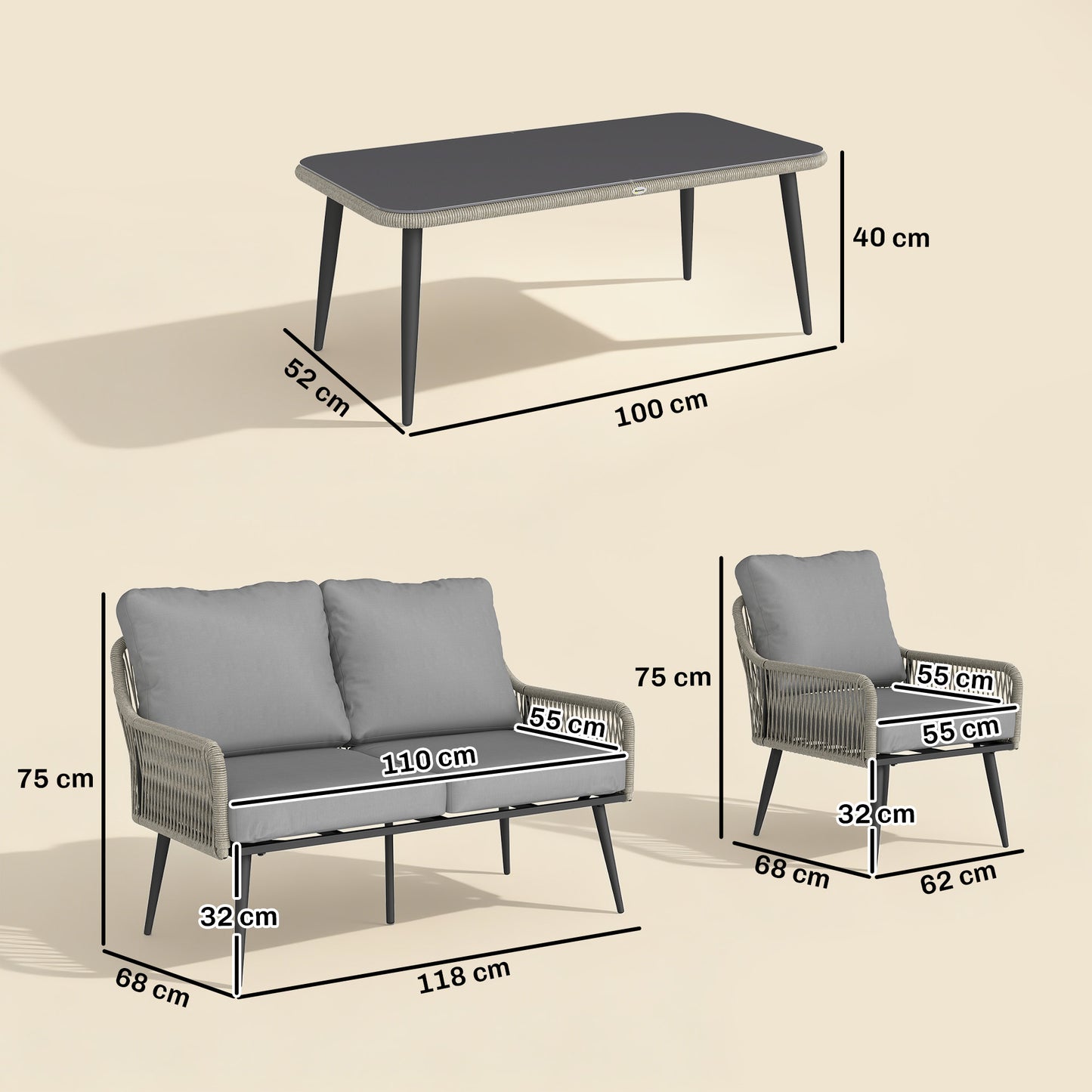 Rattan Garden Furniture Set, Tempered Glass with 3 Chairs