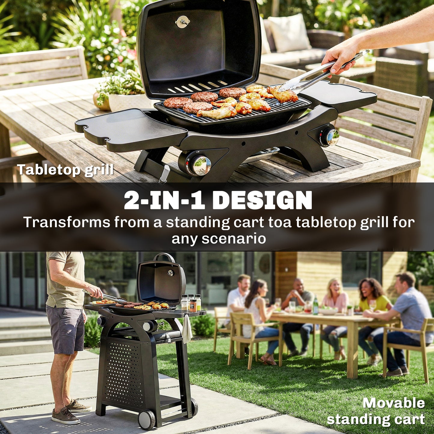 2 Burner Gas Grill, 3.8 KW Barbecue Grill with Cast Iron Grates