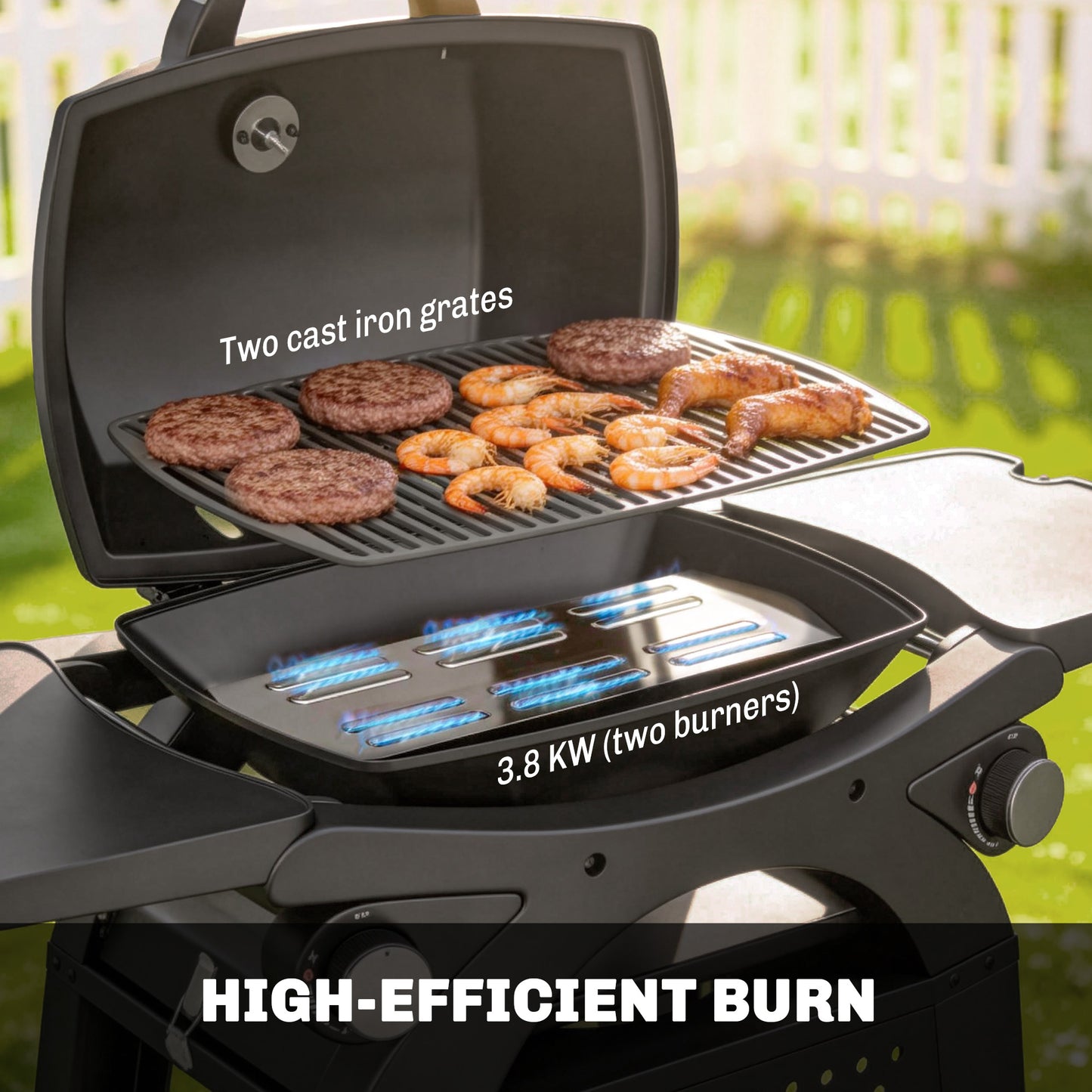 2 Burner Gas Grill, 3.8 KW Barbecue Grill with Cast Iron Grates