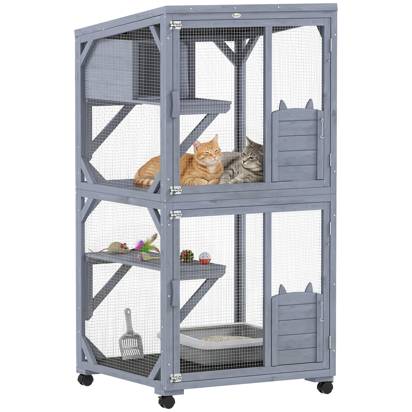 Outdoor Catio Cat House, Movable Wooden Cat Enclosure on Exercise Wheels with Resting Box, 3  Platforms, Large Kitty Cage with Waterproof Asphalt Roof for Outdoor Indoor, for 2 Kittens