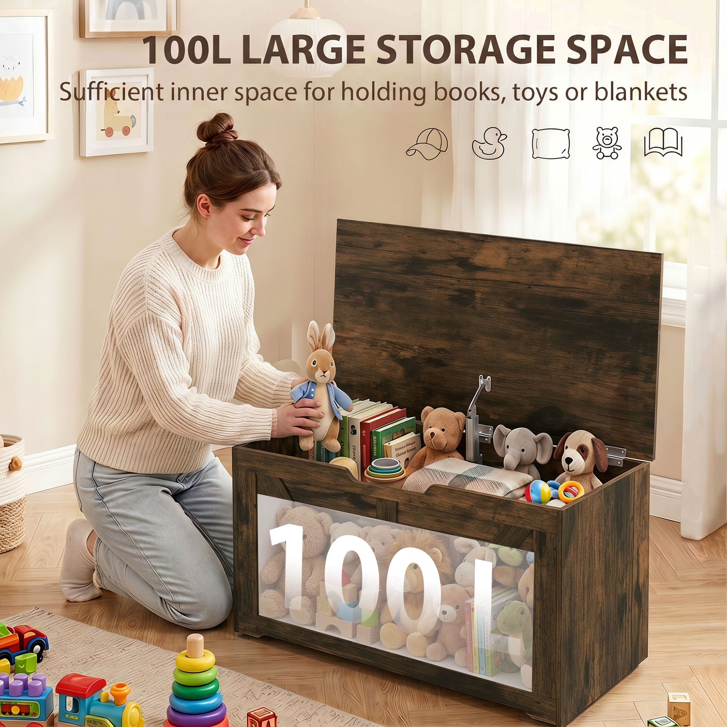 Storage Trunk for Living Room, with Safety Hinge, 80cm, Rustic Brown