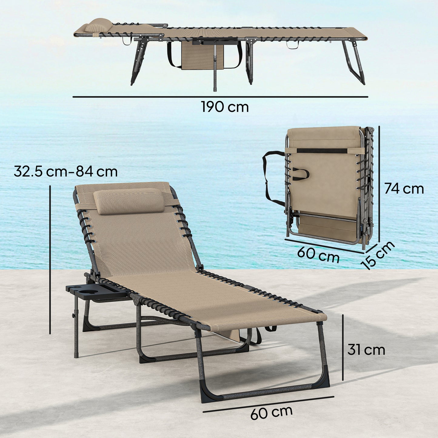 Folding Sun Loungers with 5-Level Back, Cup Holder, Beige