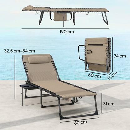 Folding Sun Loungers with 5-Level Back, Cup Holder, Beige