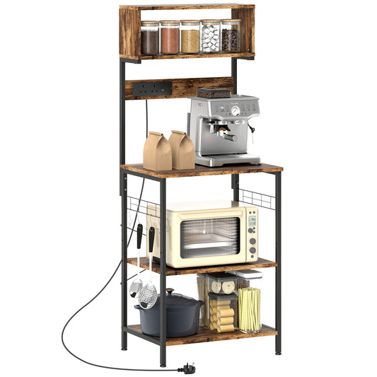 Bakers Rack with Power Outlet, 5 Hooks, Microwave Stand, Brown