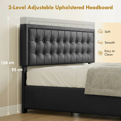 Upholstered Ottoman Bed with Storage Drawer and Adjustable Headboard, 5ft King Size Bed Frame with Gas Lift End Opening, Wooden Slats, No Mattress, Black