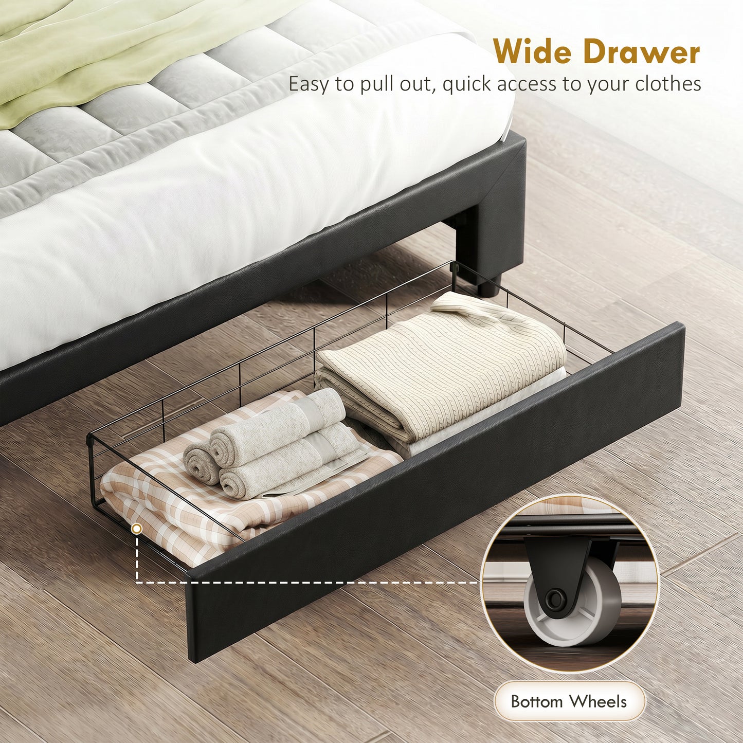Upholstered Ottoman Bed with Storage Drawer and Adjustable Headboard, 5ft King Size Bed Frame with Gas Lift End Opening, Wooden Slats, No Mattress, Black