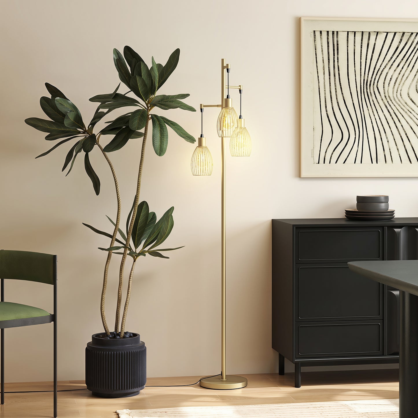 Industrial 3-Light Floor Lamp Dimmable LED Standing Lamp, Gold Tone