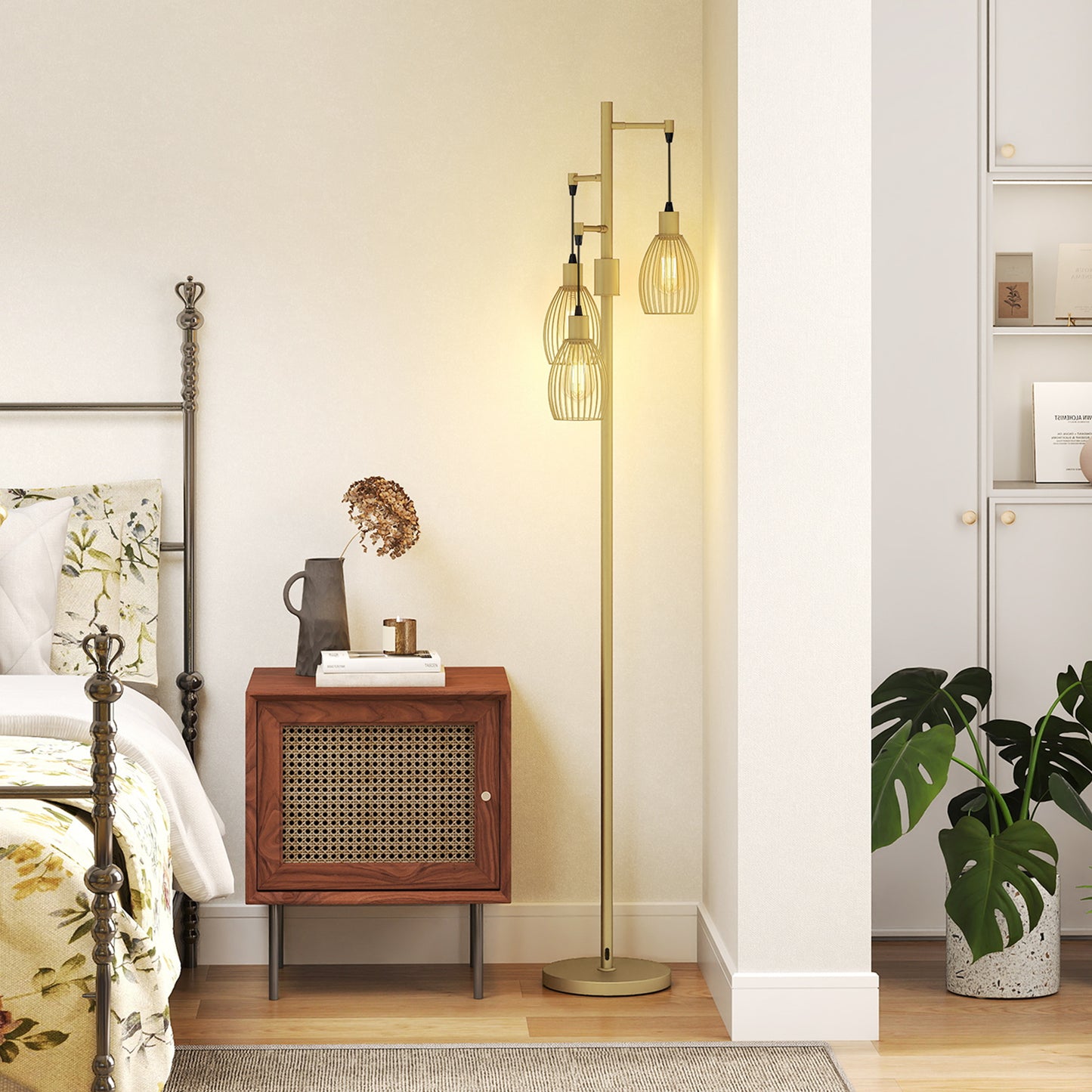 Industrial 3-Light Floor Lamp Dimmable LED Standing Lamp, Gold Tone