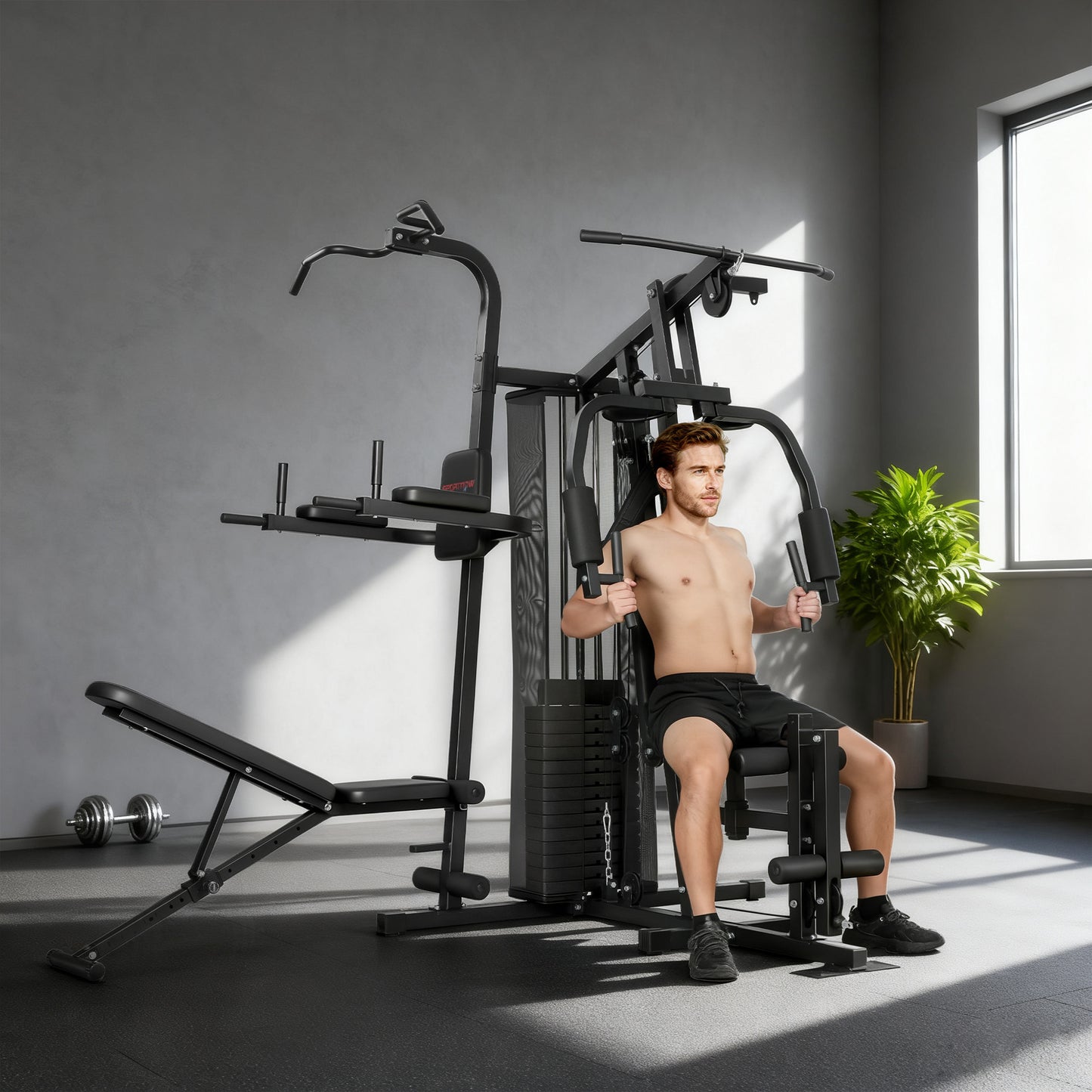 All-in-One Home Gym Machine, Multifunctional Power Cage with 69 kg Weight Stack and Pulley System, Home Gym Workout Station with Sit Up Bench, Adjustable Bench for Full Body Training, Black