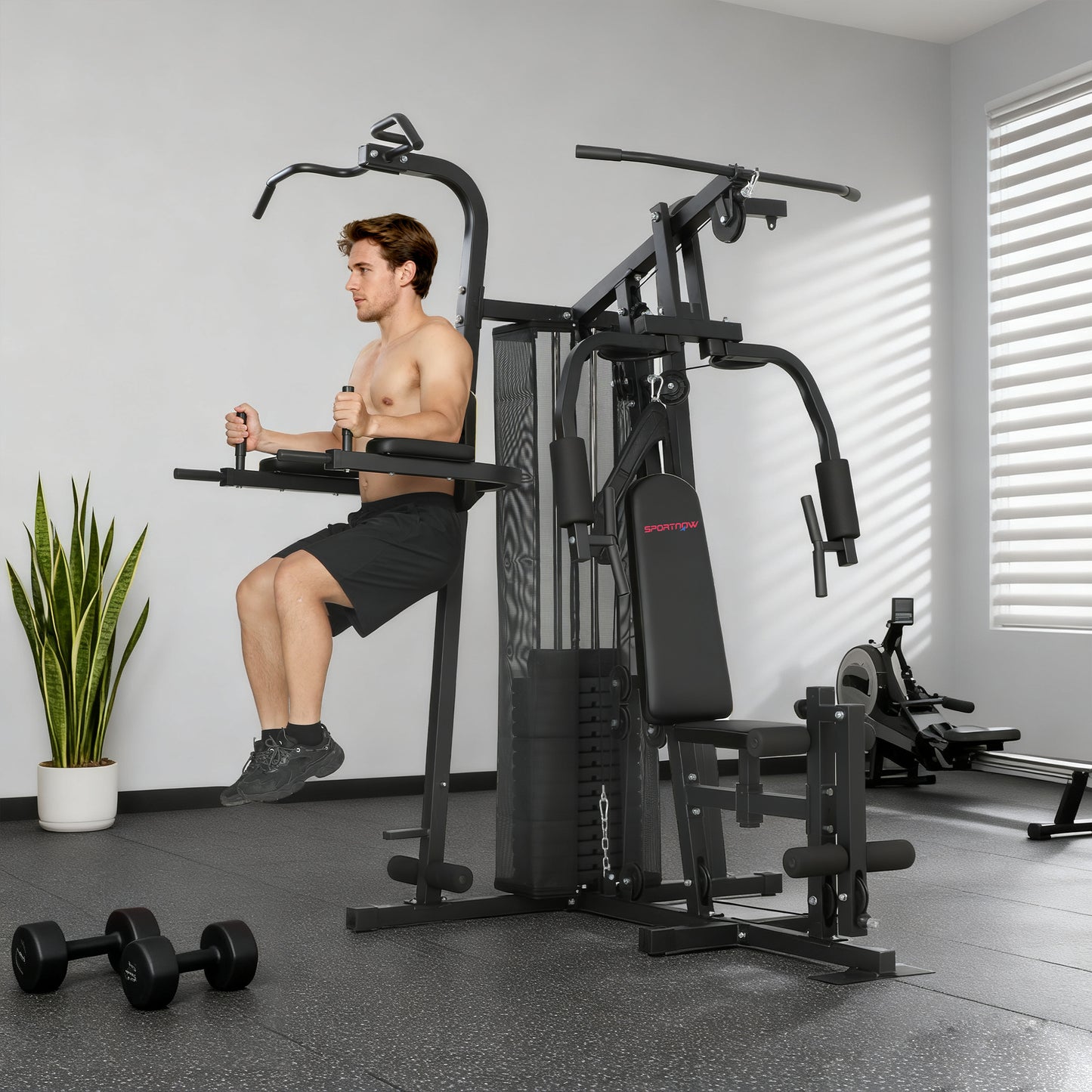 All-in-One Home Gym Machine, Multifunctional Power Cage with 69 kg Weight Stack and Pulley System, Home Gym Workout Station with Sit Up Bench, Adjustable Bench for Full Body Training, Black