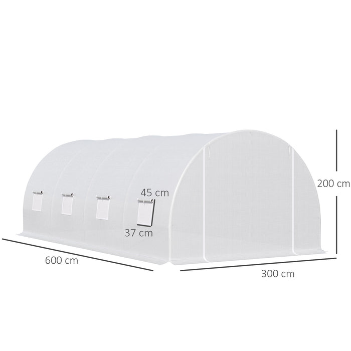 6 x 3 x 2 m Large Walk-In Greenhouse Garden Polytunnel Greenhouse with Metal Frame, Zippered Door and Roll Up Windows, White