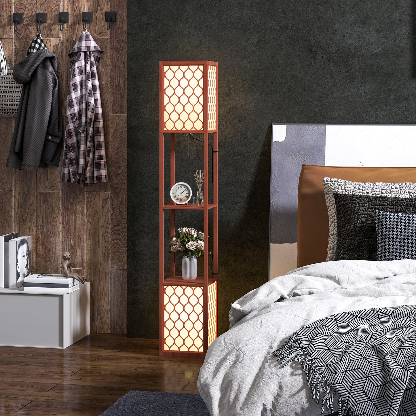 2-Light Modern Floor Lamp with Shelves for Living Room, Bedroom, Brown