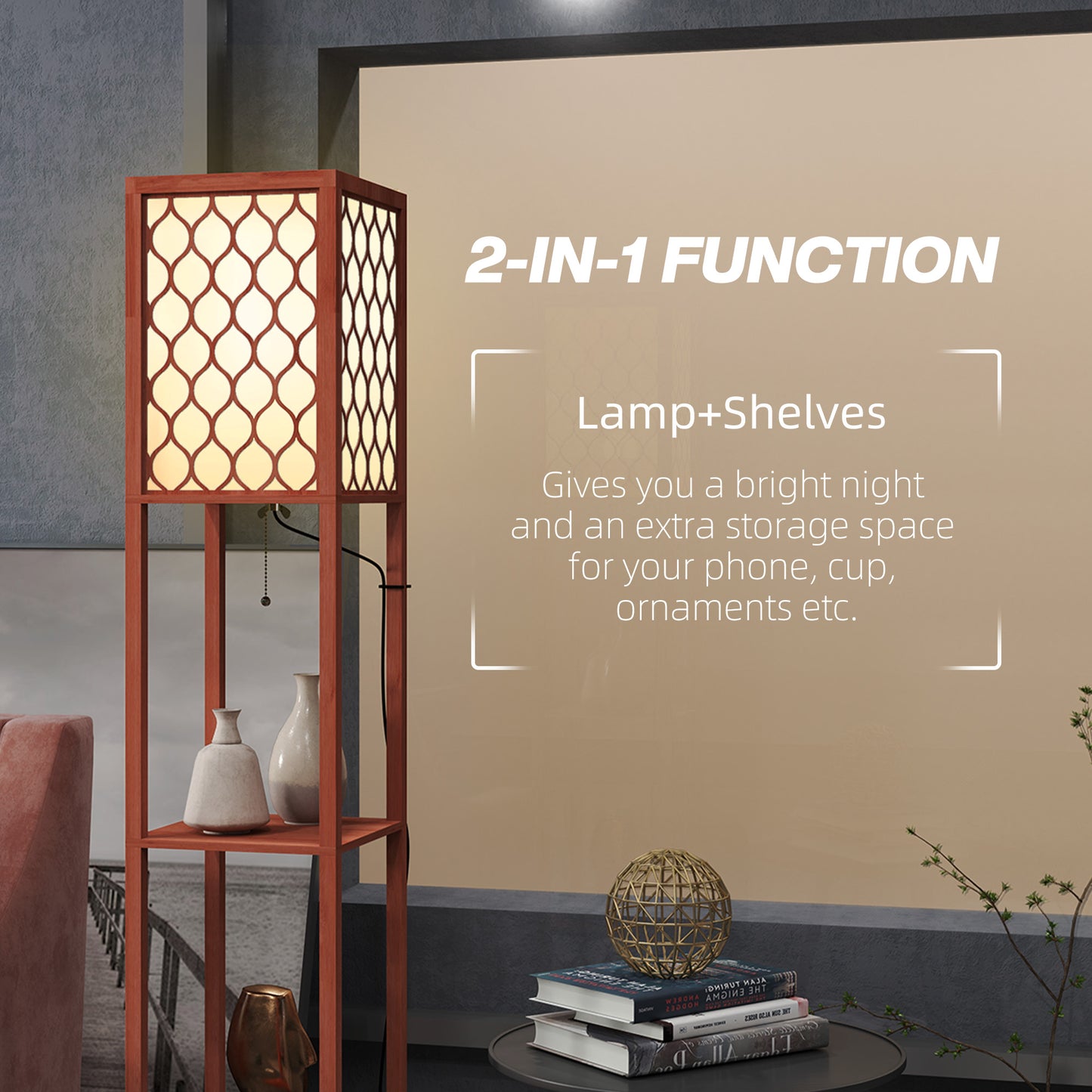 2-Light Modern Floor Lamp with Shelves for Living Room, Bedroom, Brown