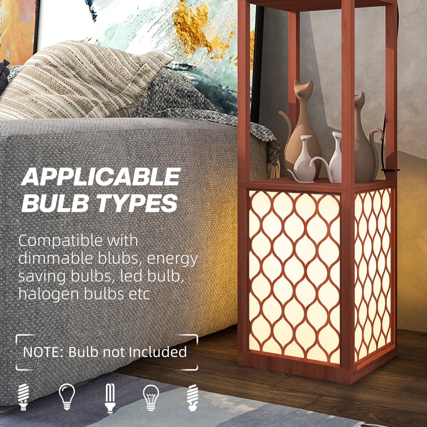 2-Light Modern Floor Lamp with Shelves for Living Room, Bedroom, Brown