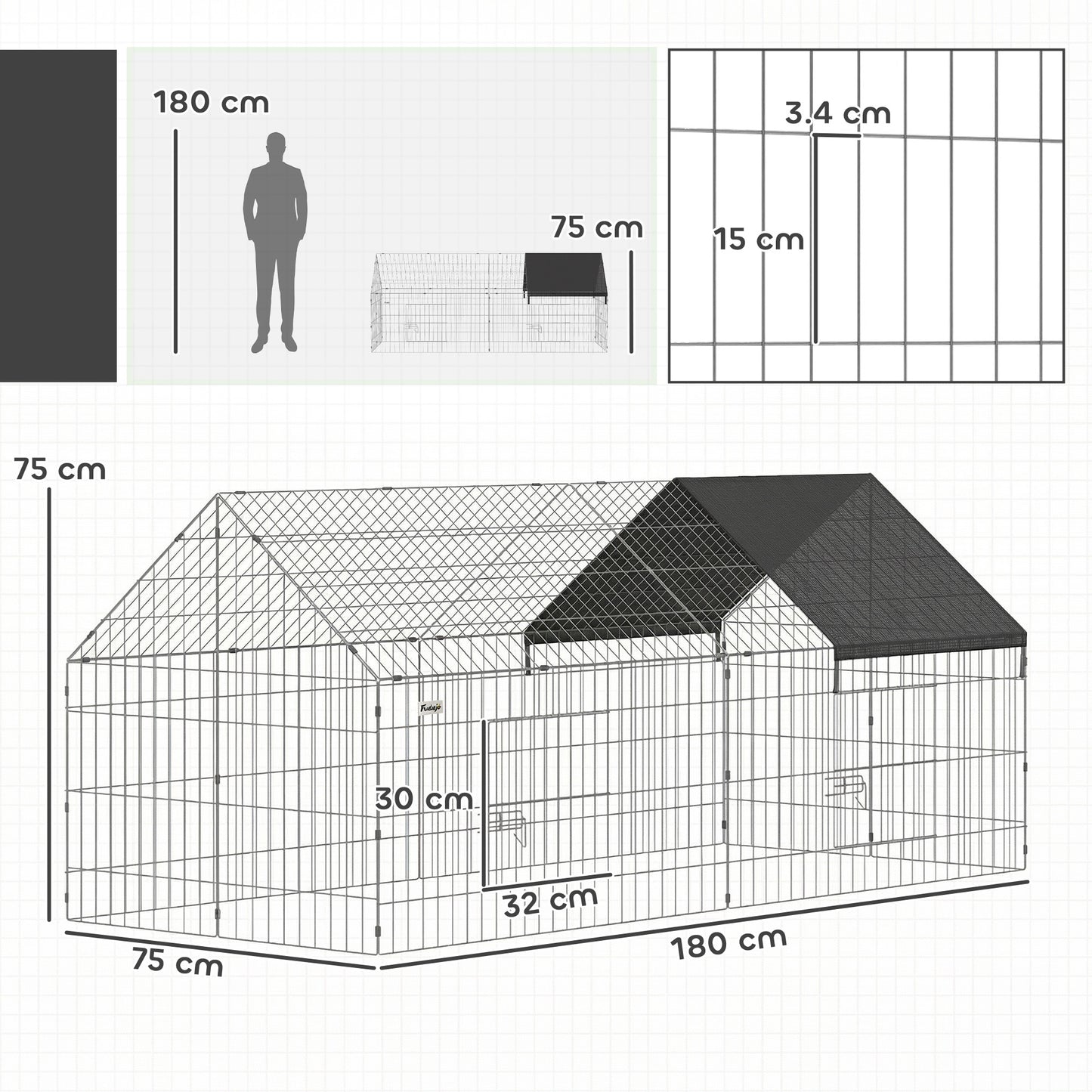 Rabbit Run, Pet Playpen w/ Protective Cover, 180 x 75 x 75 cm, Black