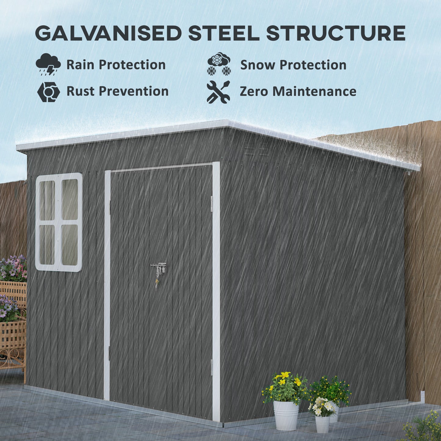 8.5 x 6ft Galvanised Steel Garden Shed with Foundation Kit, Grey