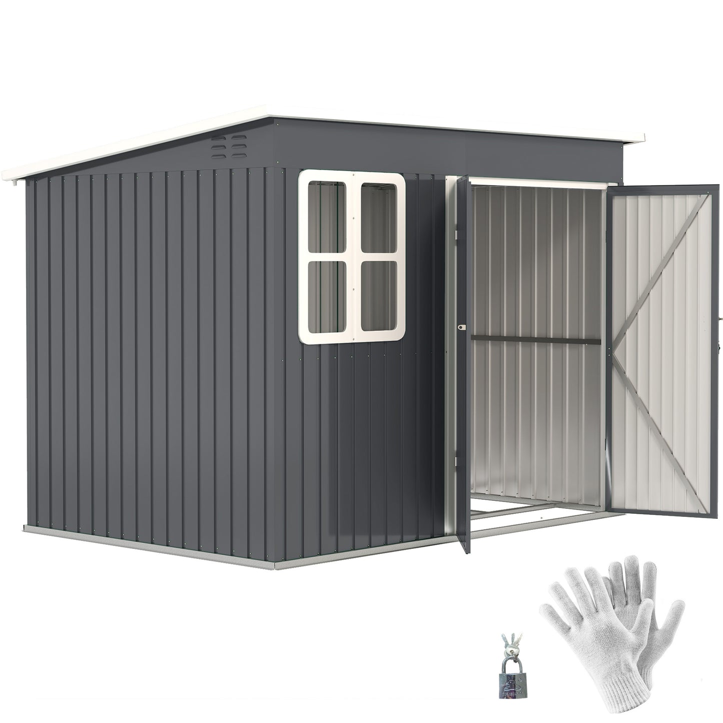 8.5 x 6ft Galvanised Steel Garden Shed with Foundation Kit, Grey