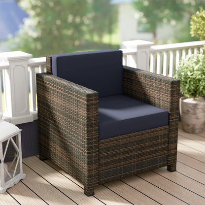 Rattan Garden Armchair, Cushioned Single Rattan Chair, Brown/Blue