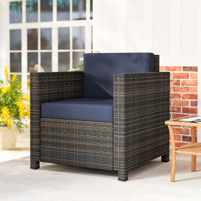 Rattan Garden Armchair, Cushioned Single Rattan Chair, Brown/Blue