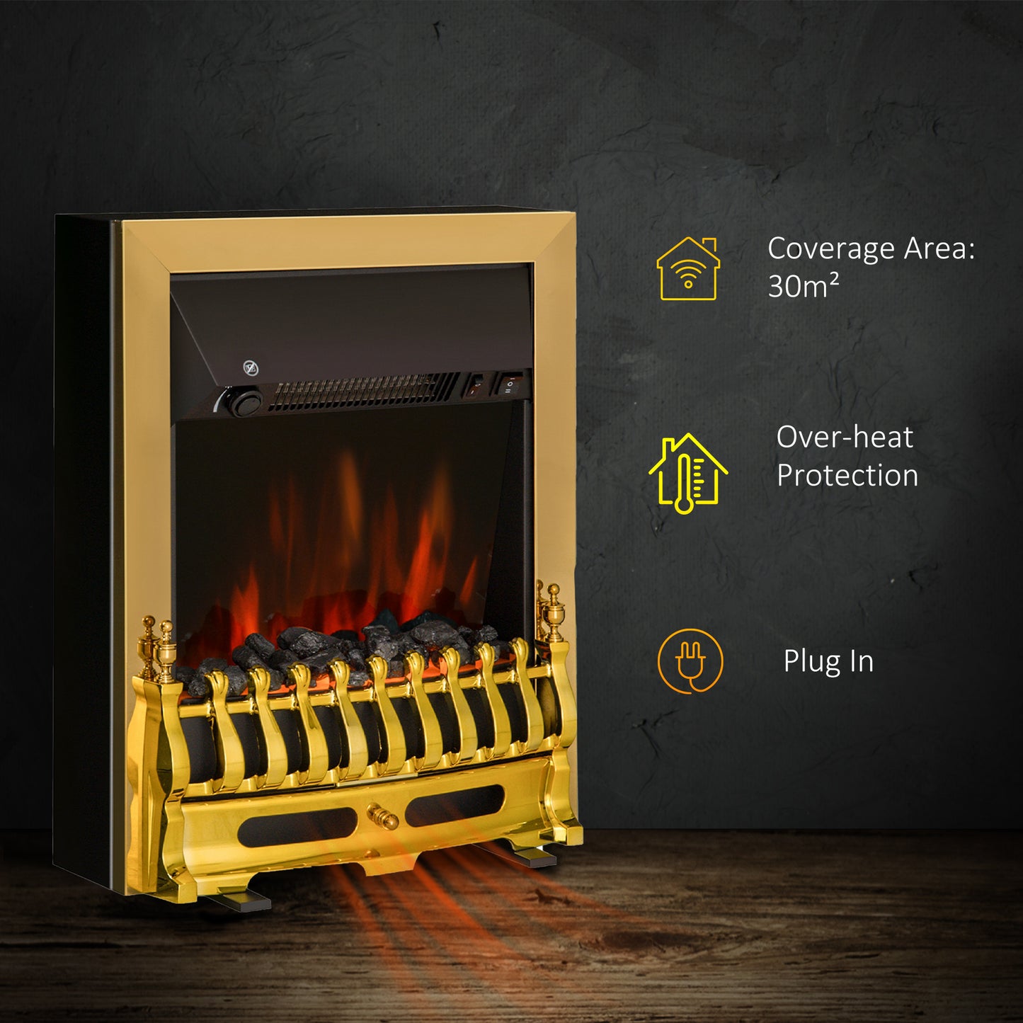 Electric Fireplace 1 & 2KW LED Fire Flame for Living Room Golden