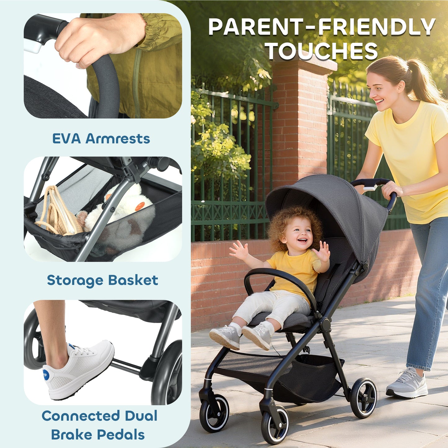 Travel Stroller with Easy Folding, Lightweight Pushchair Dark Grey