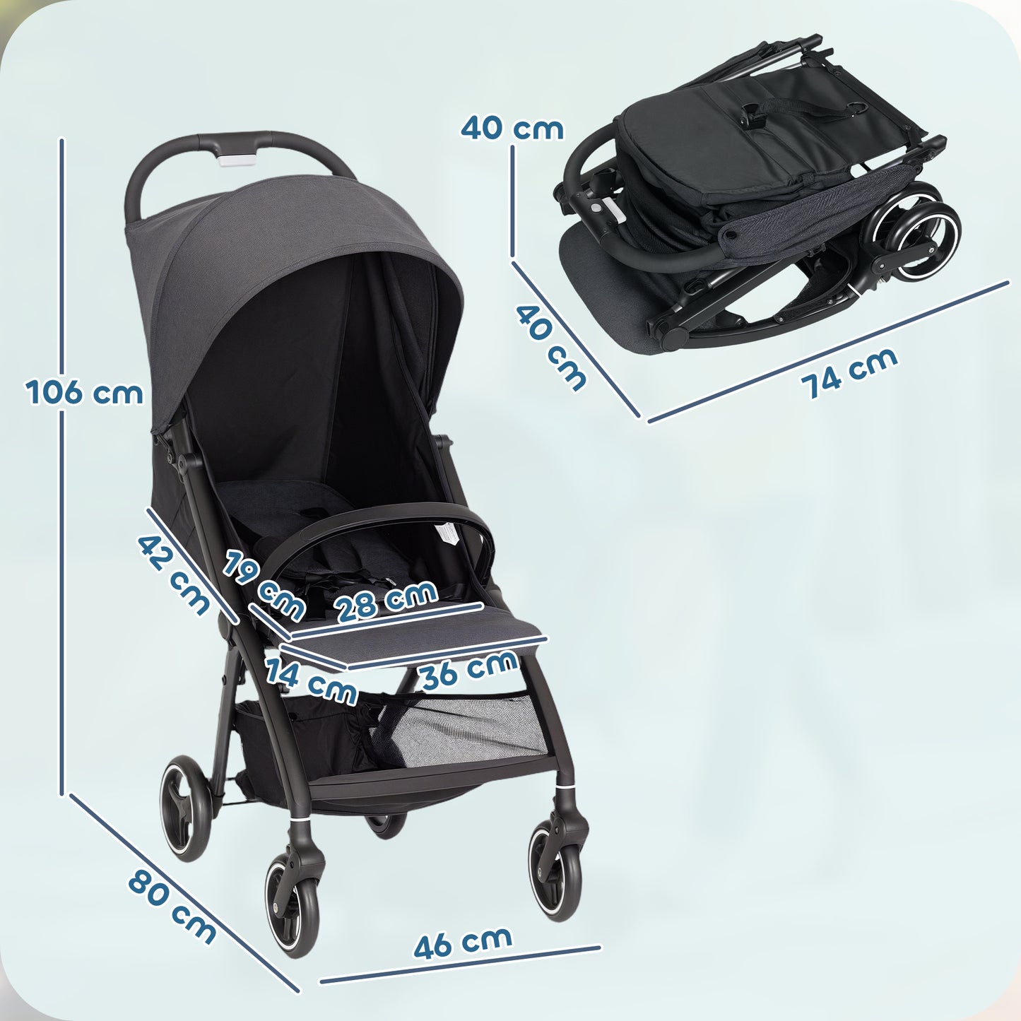 Travel Stroller with Easy Folding, Lightweight Pushchair Dark Grey