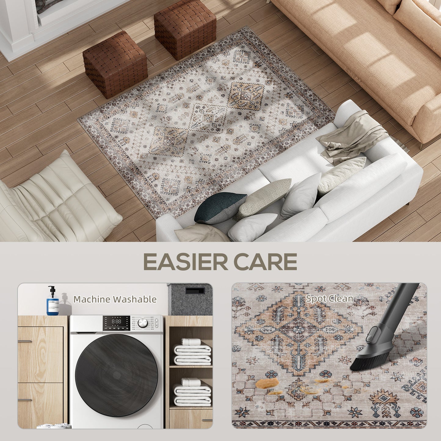 Flannel Non-Slip Washable Rug for Living Room, 170 x 120 cm, Beige