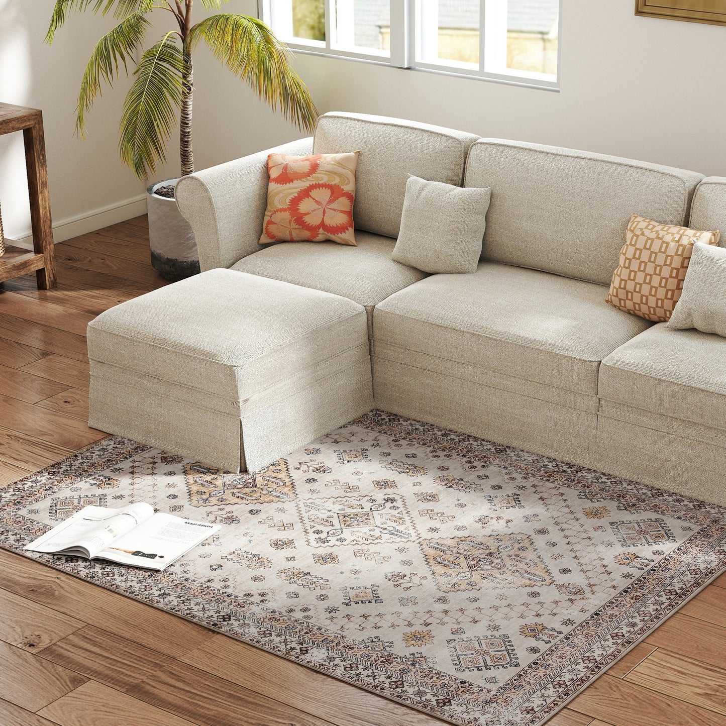 Flannel Non-Slip Washable Rug for Living Room, 170 x 120 cm, Beige