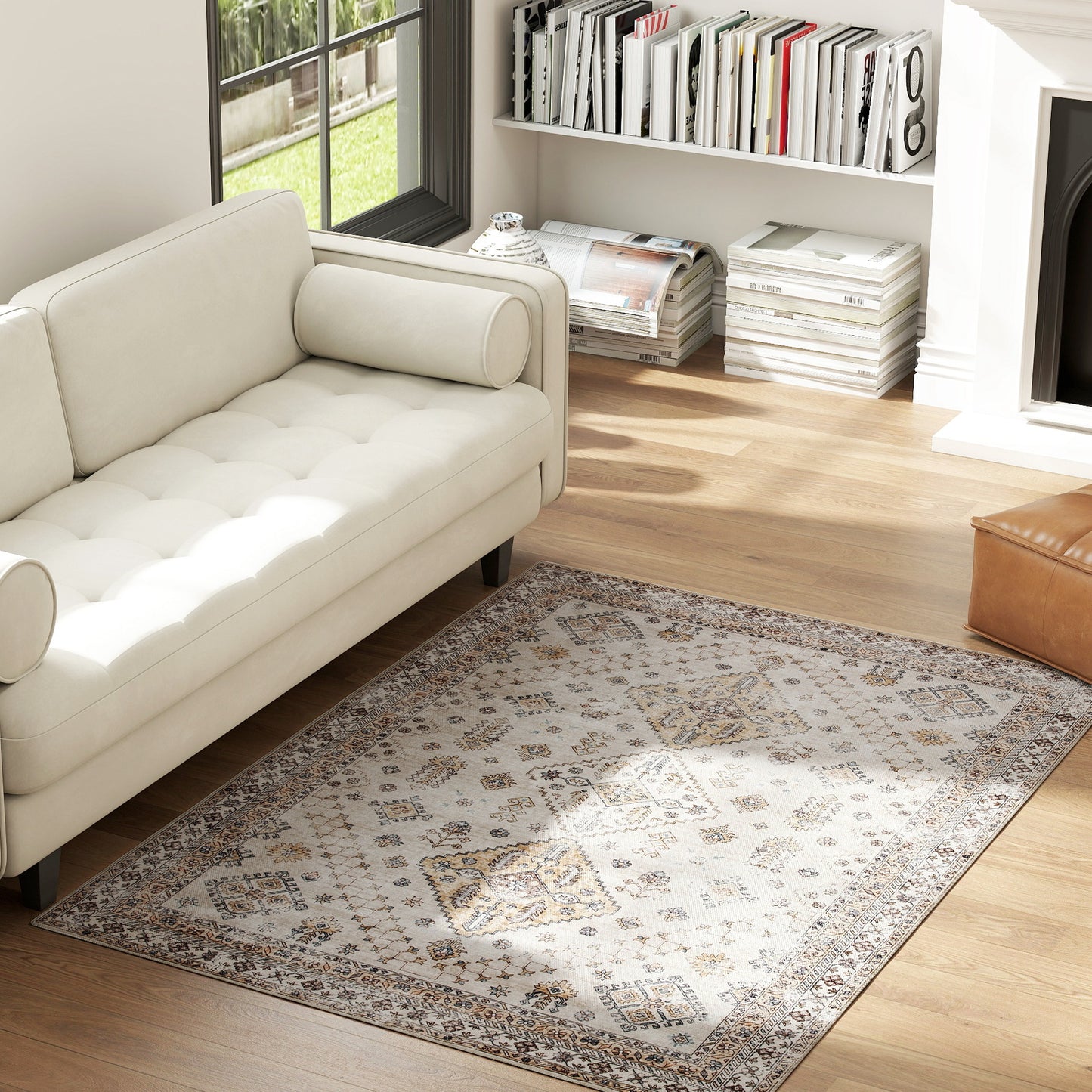 Flannel Non-Slip Washable Rug for Living Room, 170 x 120 cm, Beige